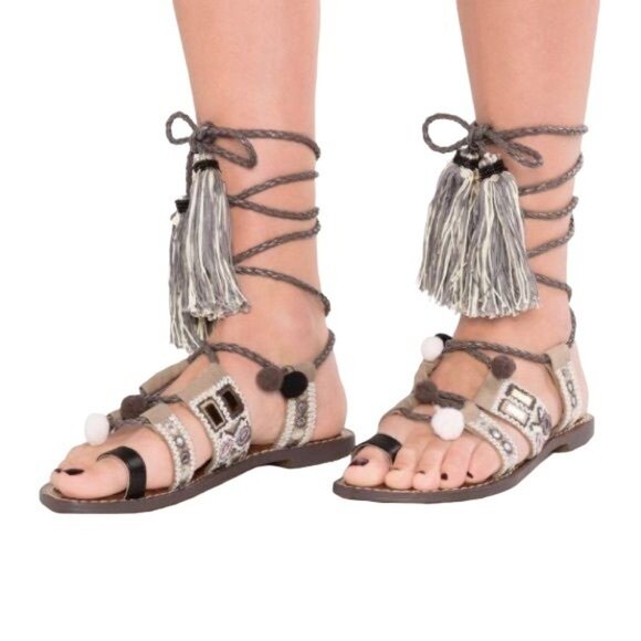 Sam Edelman Gray Gretchen Embellished Wrap Boho Gladiator Sandals Size 10.5 - Picture 1 of 9